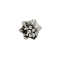 Load image into Gallery viewer, Sterling silver, handmade, freeform flower ring on white background. Front view, close up of flower, filled with many silver balls of varying size snd blackened at the center.. 
