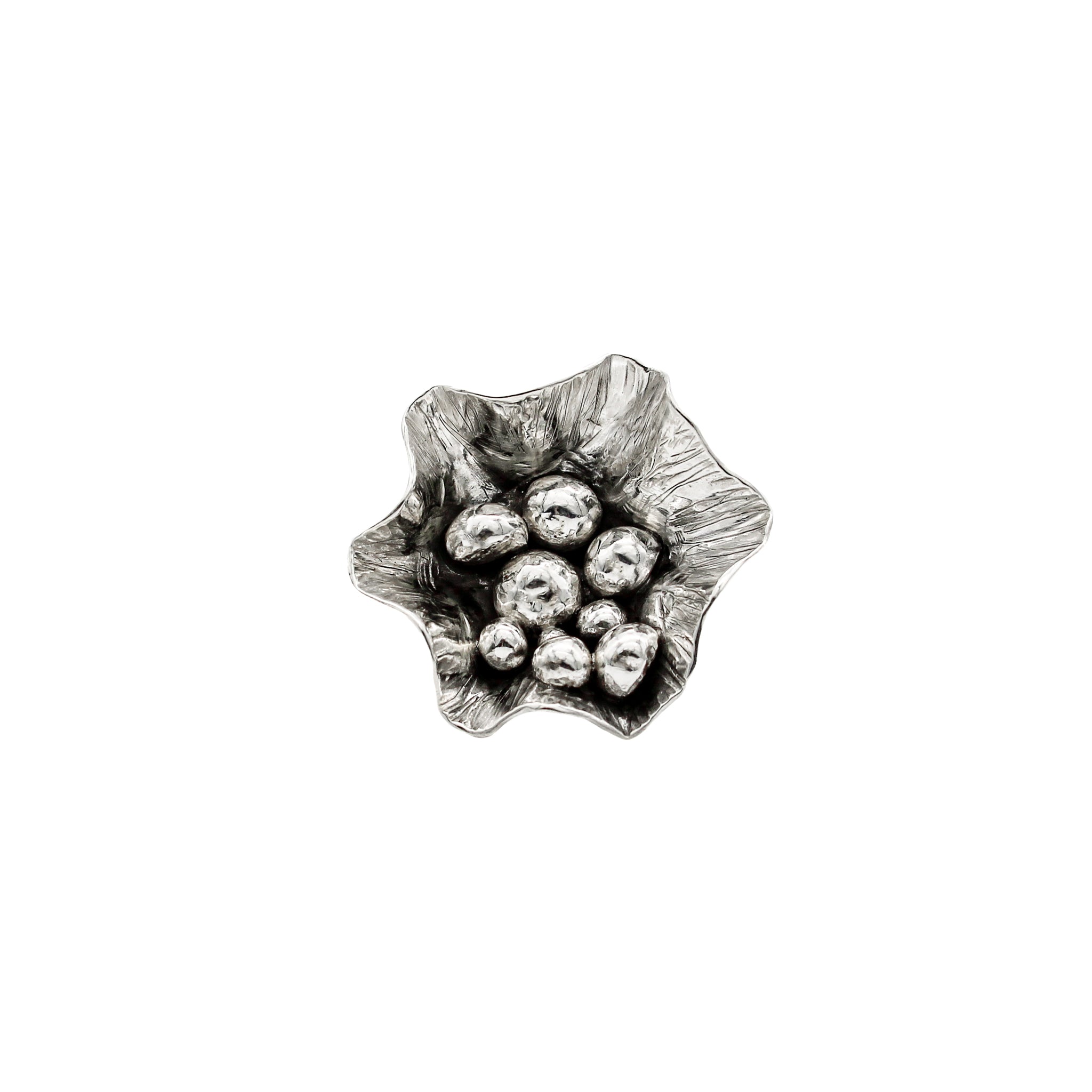 Sterling silver, handmade, freeform flower ring on white background. Front view, close up of flower, filled with many silver balls of varying size snd blackened at the center.. 