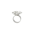 Load image into Gallery viewer, Sterling silver, handmade, freeform flower ring on white background. View of ring standing up, with the flower on top with a high polished interior of flower and brushed matte finish exterior. 
