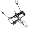 Load image into Gallery viewer, Front view of sterling silver industrial pendant featuring a geometric design with a combination of open rectangular frames and mesh-textured sections. A central horizontal bar intersects the piece, creating a layered, puzzle-like effect. The pendant has an oxidized, matte finish and is suspended from a chain with angular links that complement the design's structural feel.
