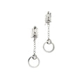 Load image into Gallery viewer, The back of a pair of handmade unique sterling silver earrings, with a hoop, hanging from a cable chain, attached to 5 staggered rectangular bars in a row. An ear post is attached to the back of the 5 bars. 
