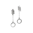 Load image into Gallery viewer, Sterling silver earrings featuring an element of textured bars lined up at irregular heights at the top of the earring, with a delicate chain leading to a smooth circular hoop. The geometric design combines rugged and polished elements, creating a modern and artistic look
