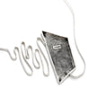 Load image into Gallery viewer, The back of a modernist inspired handmade sterling silver necklace showcasing an undulating bar on the left side, mimicking soundwaves, culminating at the left side of an asymmetric pentagon hollowform. The open back of the hollowform has a blackened stipple texture and the Zed Eh Designs logo can be seen in the center. Emerging from the bottom of the hollowform, the silver bar creates the illusion of continuity as it curves upward, connecting to a bar and link chain. 
